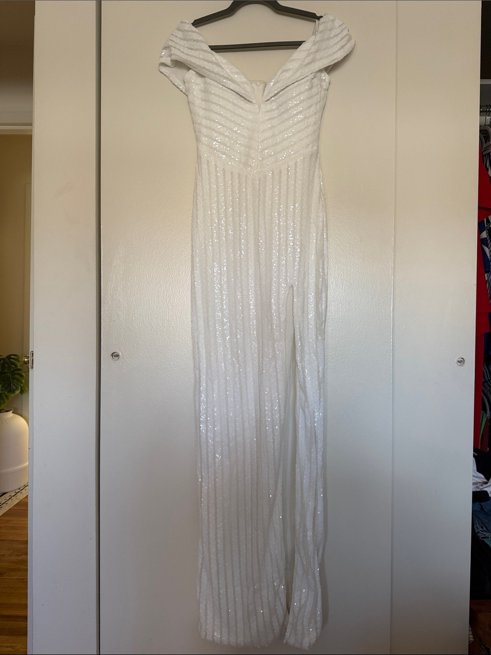JS Collections White Sequin V-Neck Evening Dress